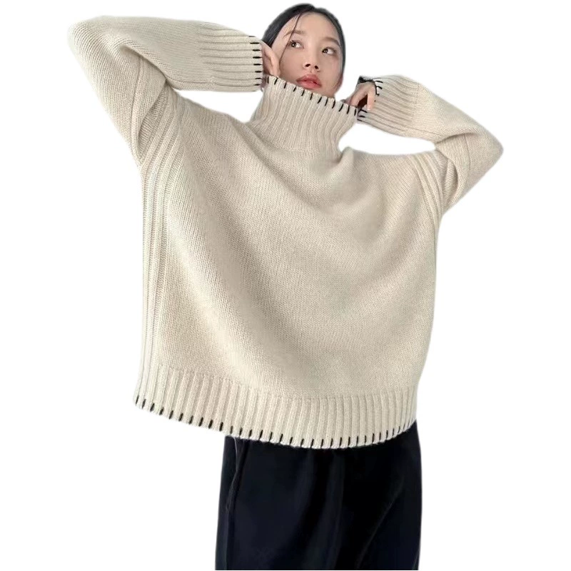 Женский свитер-водолазка из 25% шерсти, крупной вязки, осенне-зимний, свободный крой, в стиле «ленивый шик», утолщенный, на базе кашемира.
