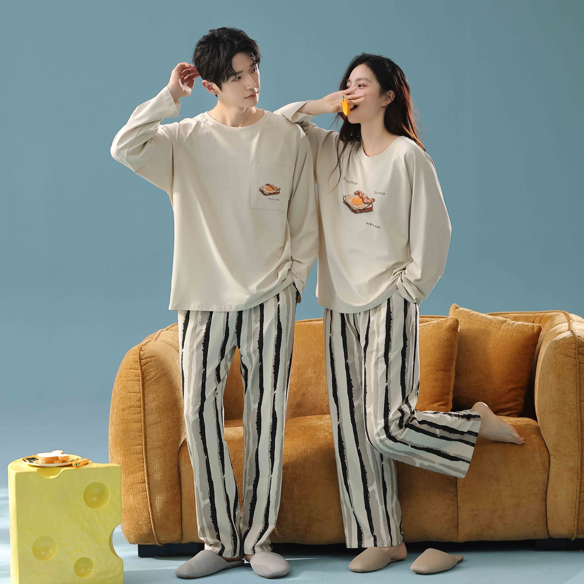 【抗菌新疆棉】秋季情侣长袖纯棉睡衣女士大码家居服男士圆领套装