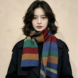 多巴胺氛围感彩虹方糖围巾男女同款秋冬彩色条纹围巾加厚韩系围脖