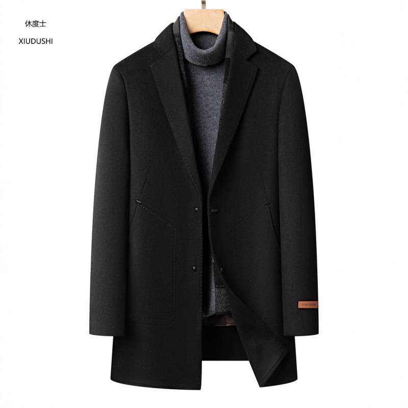 Luxury mid-length wool coat for men, double-faced wool, thickened for autumn, with detachable goose down lining.