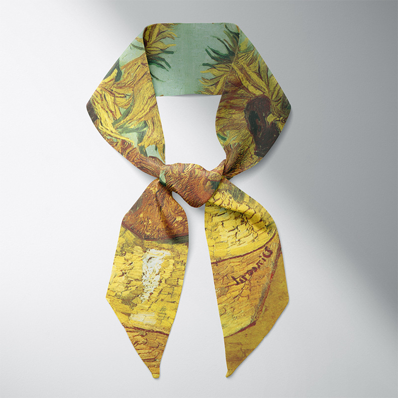 Verano larga pequeña bufanda de seda femenina Van Gogh campo de trigo cielo estrellado pintura al óleo delgada estrecha larga pequeña bufanda de seda corbata de pelo decoración femenina