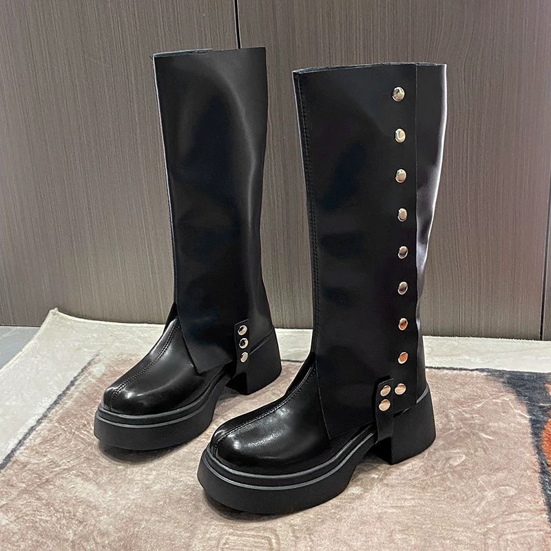 Knee‑high platform boots, European style, chunky sole with stud accents