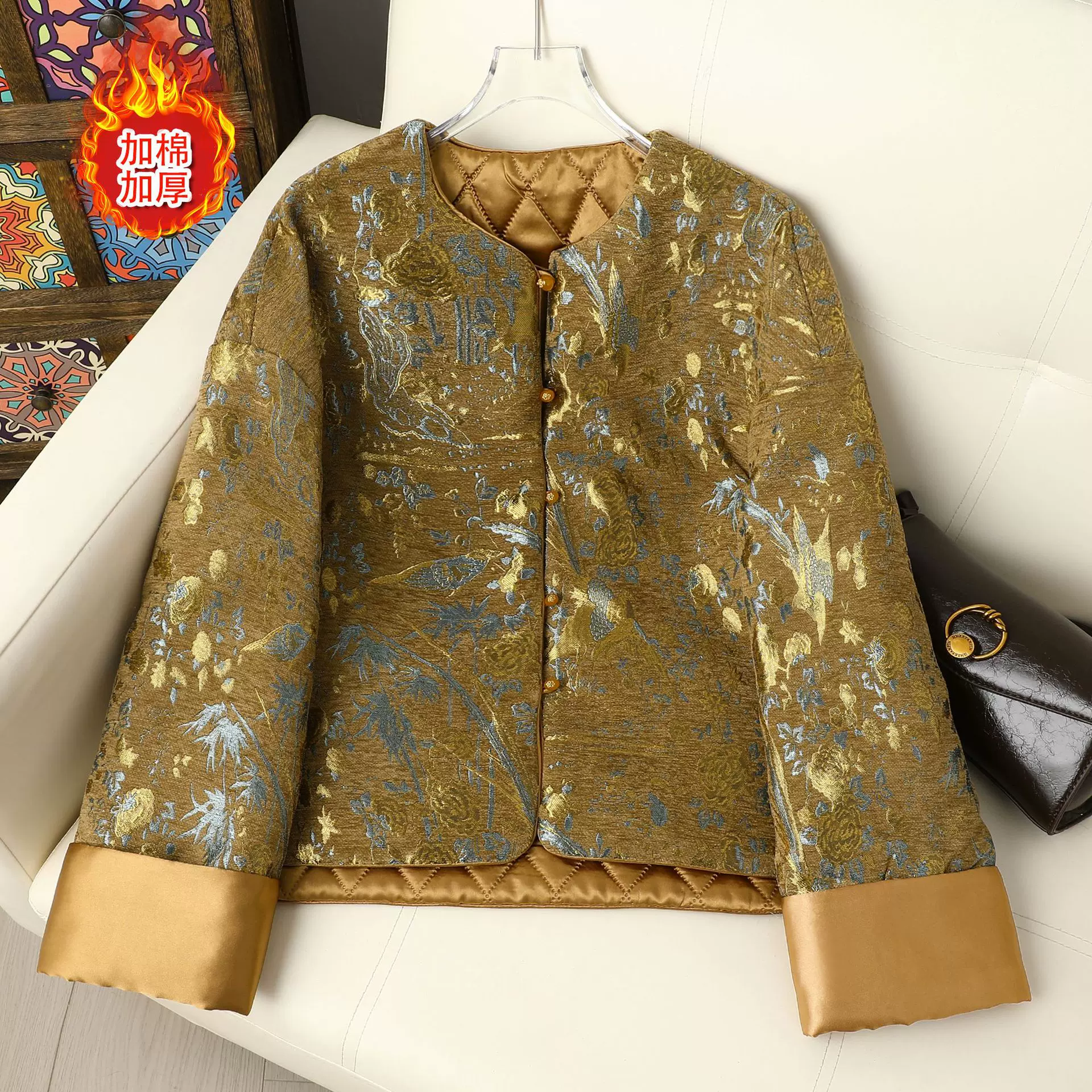 秋冬新中式国风雪尼尔女式外套提花圆领长袖加棉加厚女棉衣外搭