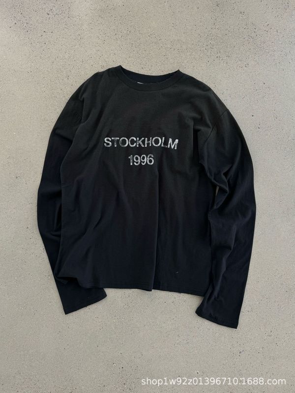 高品質の古い、ほつれ、汚れた1996プリント長袖Tシャツ、ルーズでカジュアルな男性と女性のボトムスTシャツ|undefined