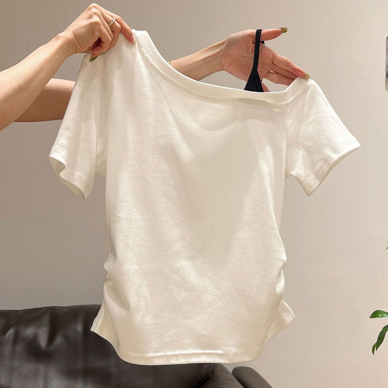 White Asymmetrical Fake Two-Piece Color-Block Short Sleeve T-Shirt for Women, Summer New Off-Shoulder Ruched Waist Top Wholesale