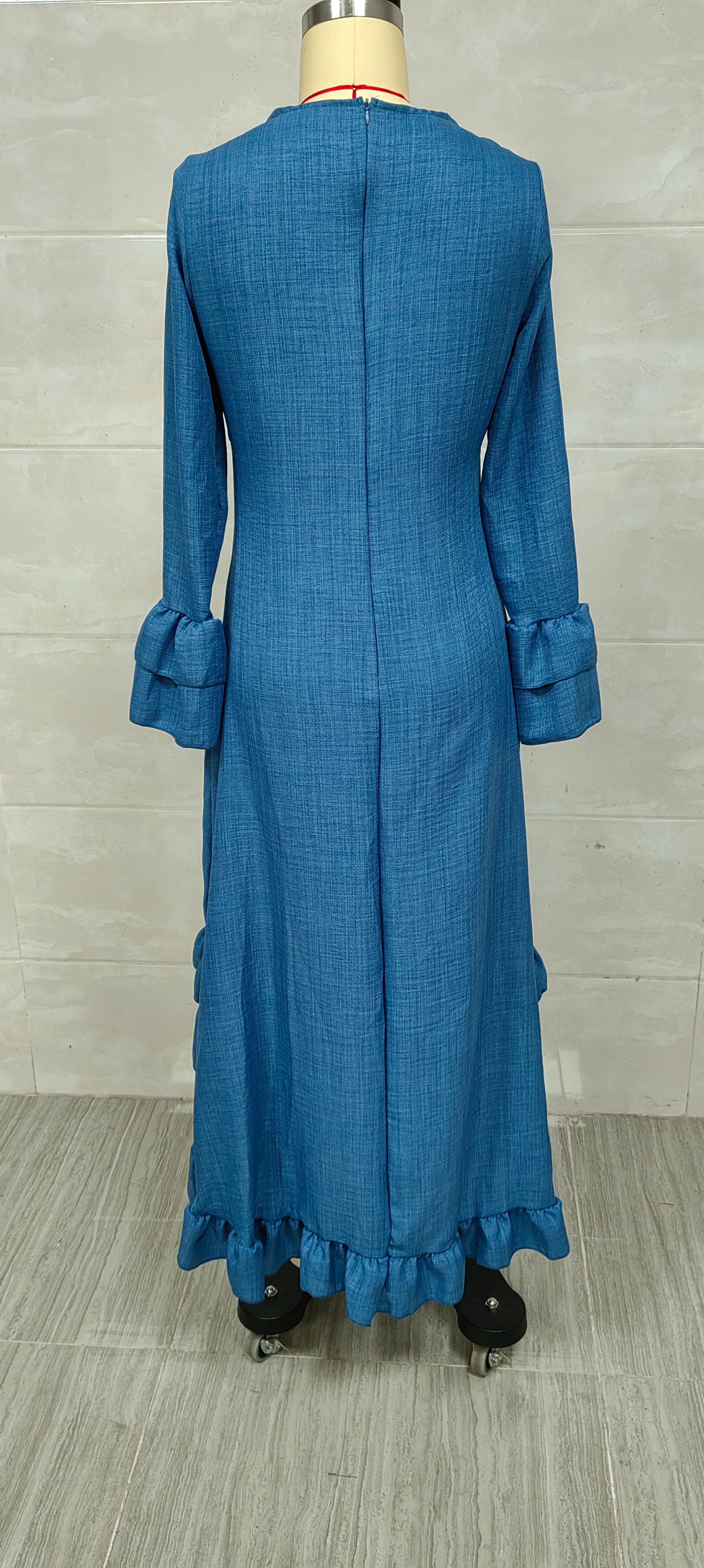 Böhmisches Langarm Maxi-kleid Mit V-ausschnitt Und Rüschensaum_voghion.com