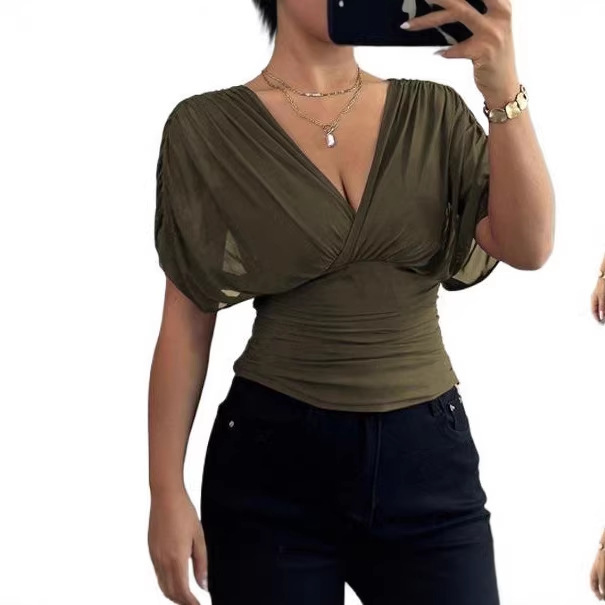 2026 Amazon Cross-Border European and American Casual V-Neck Women's Trendy Short-Sleeve Waist-Cinching Solid Color Top Fashion Versatile