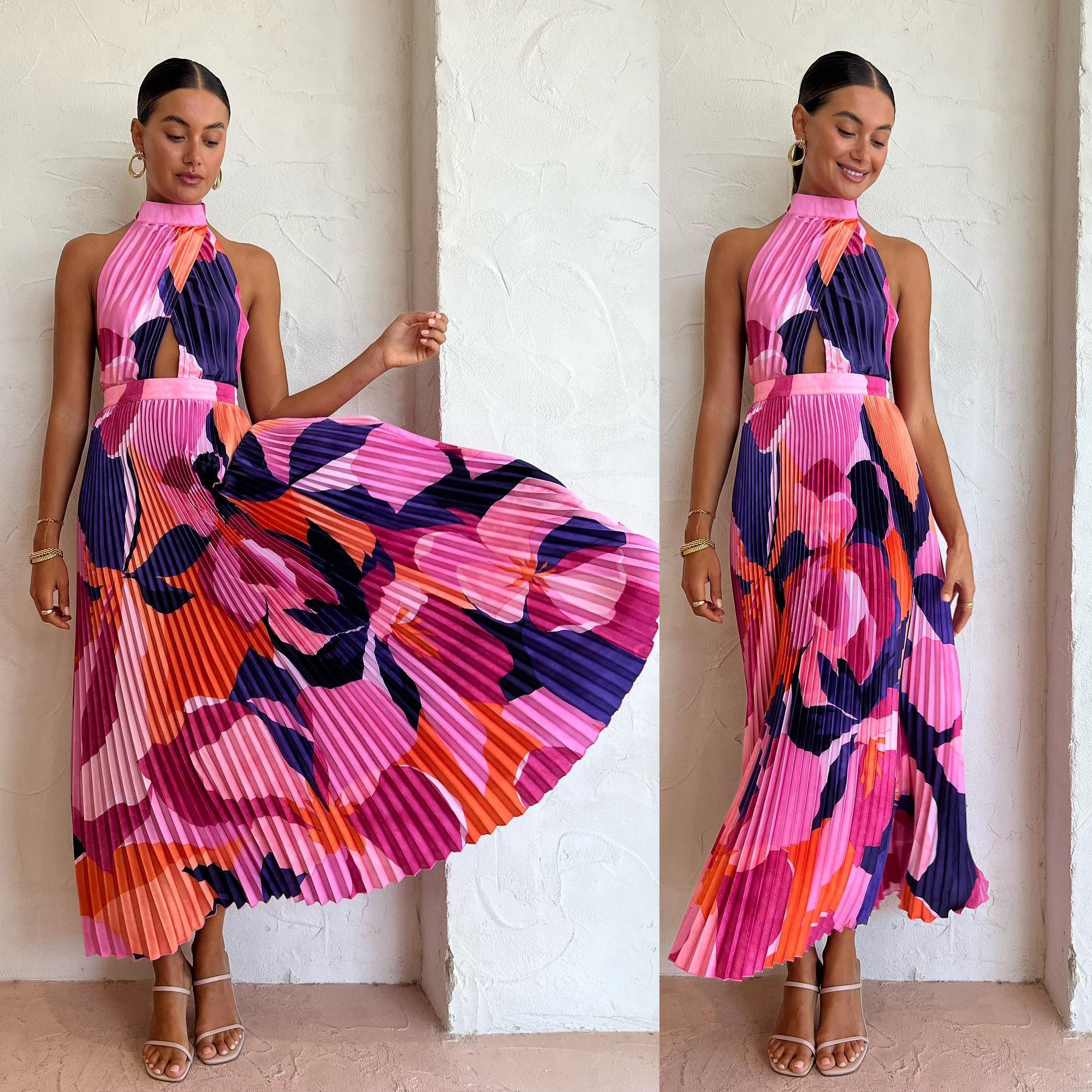 245g Weight Maxi Long Dress Dress Length Type Wholesale Women's Vacation Pleated Hollow Out Backless Color Block Daily Halter Neck Sleeveless Swing Dress