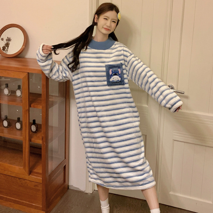 Invierno pijamas de la muchacha del camisón franela cuello redondo Jersey manga larga vestido dibujos animados lindo dulce homewear caliente