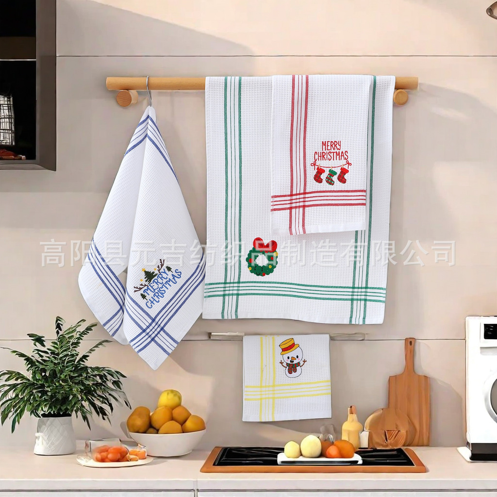 代发Temu Shein爆款日用品  涤棉华夫格刺绣圣诞节款洗碗巾百洁布