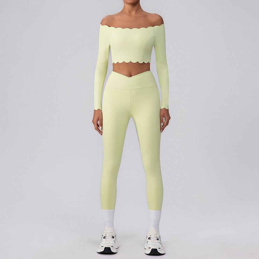 Europeos y estadounidenses un hombro trajes de yoga set top con cojín de pecho bra deportivo encaje pequeño hombro cortado mangas largas mujeres