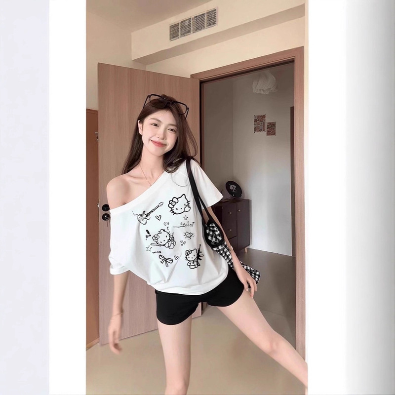 American-Style Spicy Girl Off-Shoulder Short-Sleeve T-Shirt for Women, Summer Kitty Cat Loose Design, Unique and Trendy Off-Shoulder Top