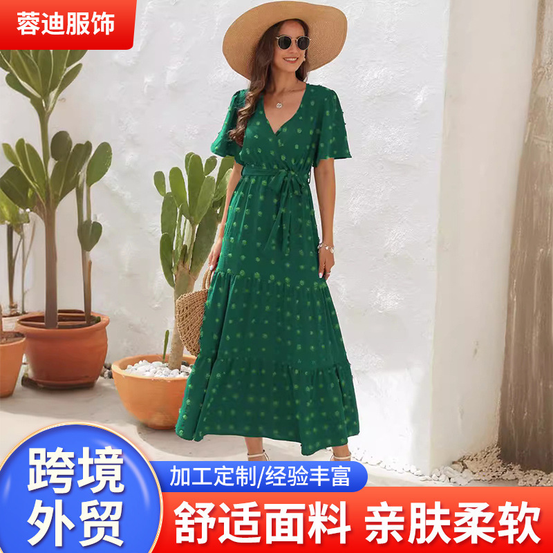 European and American Cross-Border Amazon Women's Dress V-Neck High-Waisted Pom-Pom Long Short-Sleeved Beach Vacation Women's Dress