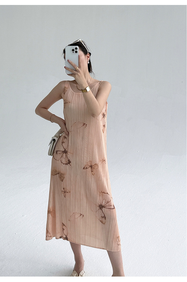 Đầm suông midi in họa tiết bướm gradient phong cách Pháp — màu tím nhạt chi tiết 21