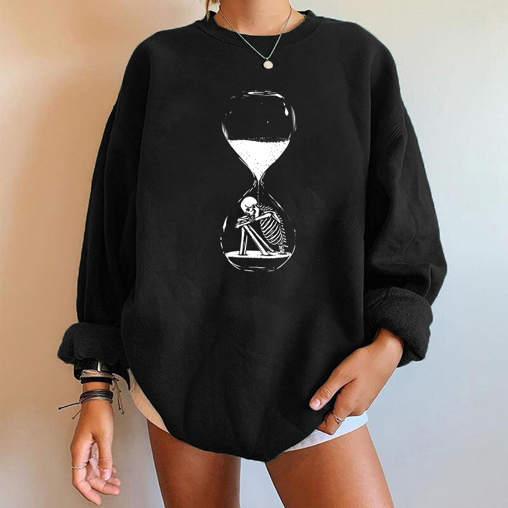 Halloween Sanduhr Skelett Fleece Rundhals Pullover Tropfen Schulter Langarm Herbst/Winter Warm Top Unisex_voghion.com