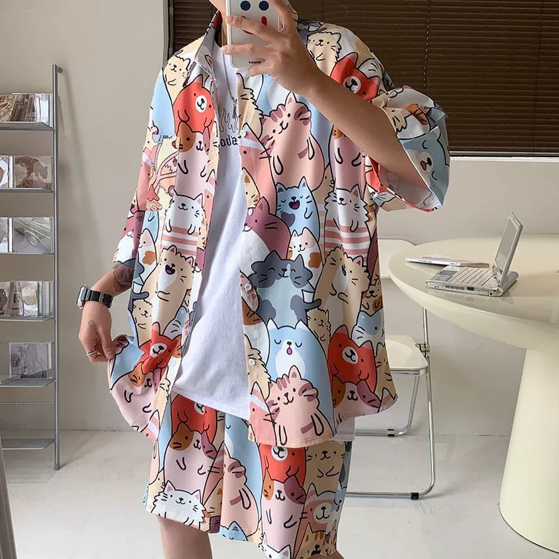 Пляжный костюм, Мужская быстросохнущая летняя рубашка с короткими рукавами, модные пляжные шорты больших размеров с цветочным принтом, подходящий для пары костюм из двух частей