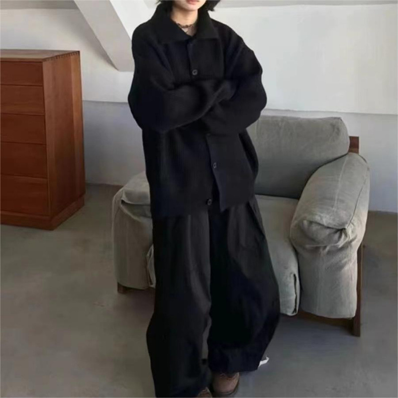 秋冬季慵懒风韩版单排扣针织开衫女纯色设计感宽松翻领毛衣女外套|undefined
