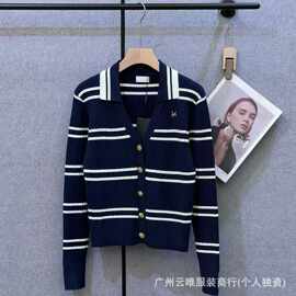 南油26秋冬新款藏青撞白条纹Polo翻领针织开衫女 短款长袖毛衣潮