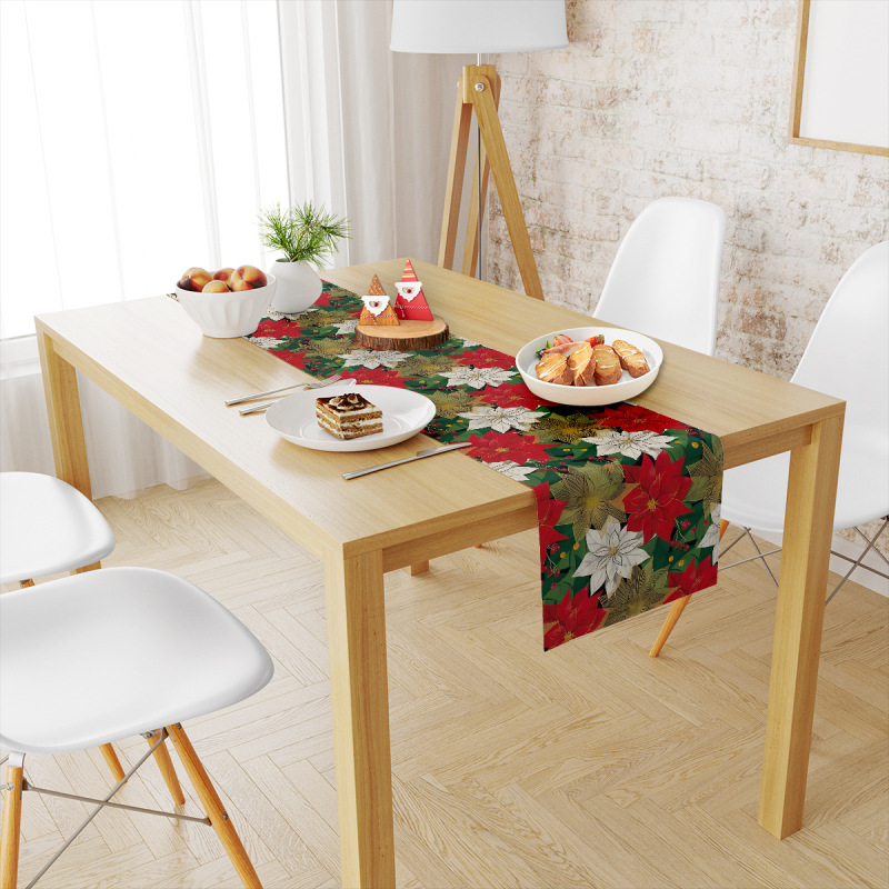 国境を越えた新しいクリスマステーブル旗は麻の生地の長いテーブルクロスのクリスマスの祝日の食卓の装飾をまねている|undefined