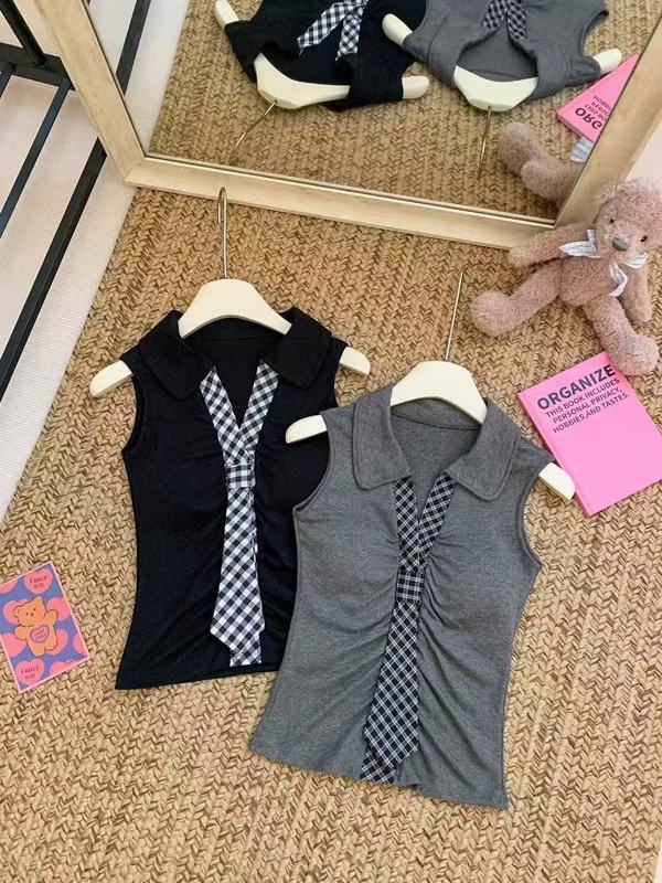小众格纹领带设计感修身外穿内搭小上衣2025夏季设计感女辣妹背心|undefined