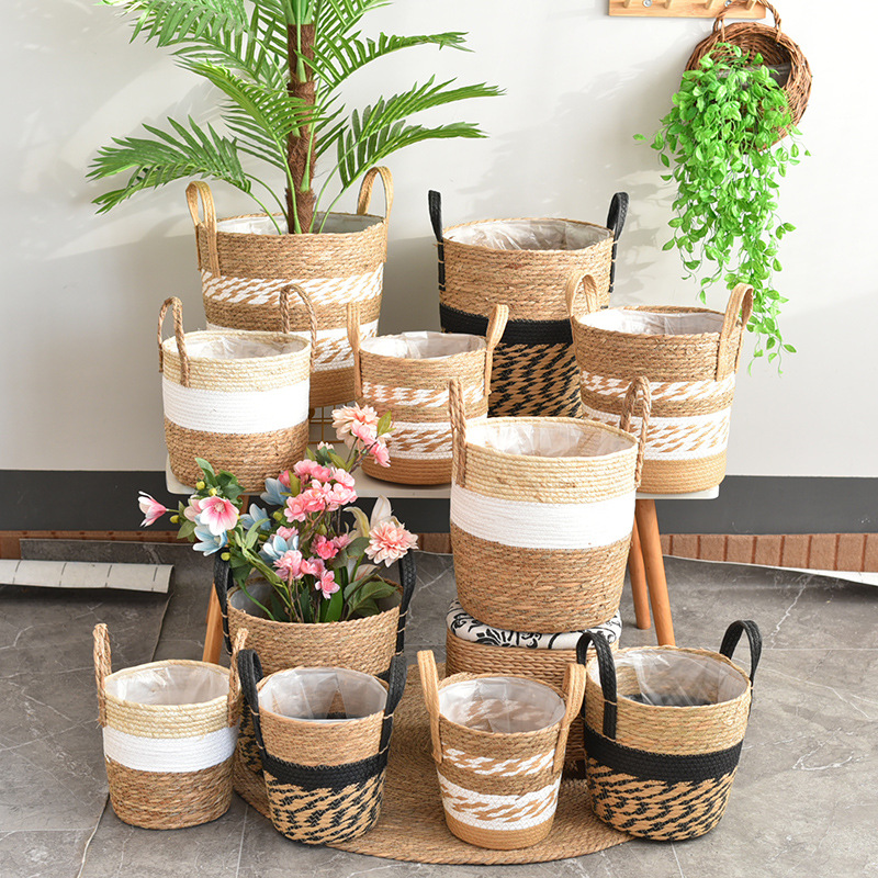 Estilo americano extra grande Paja maceta decoración algas piso tejido a mano interior y exterior cesta de almacenamiento en maceta planta verde cesta de flores