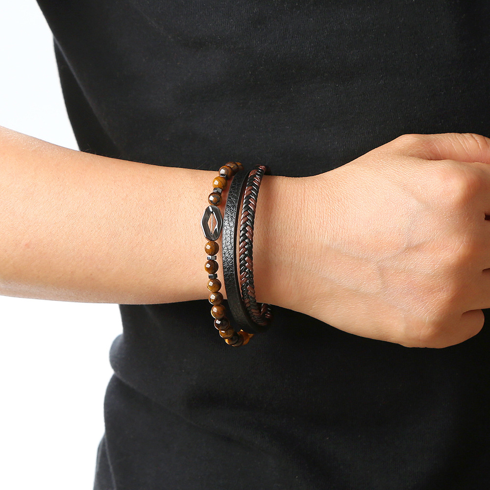 Herrenarmband Aus Leder Und Tigerauge Mit Magnetverschluss_voghion.com