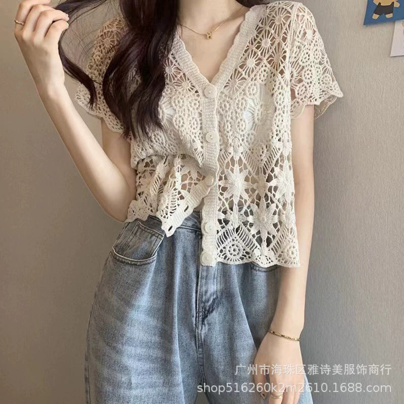 Универсальный кардиган с тонким v-образным вырезом в корейском стиле, женский летний кардиган с короткими рукавами, милый нишевый вязаный крючком топ в Корейском стиле