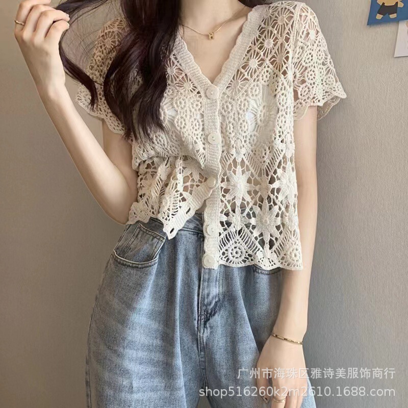 Korean Style Thin V Neck Cut Out Versatile Cardigan Short-Sleeved Women's Summer Korean Style Sweet Niche Crochet Knitwear Top