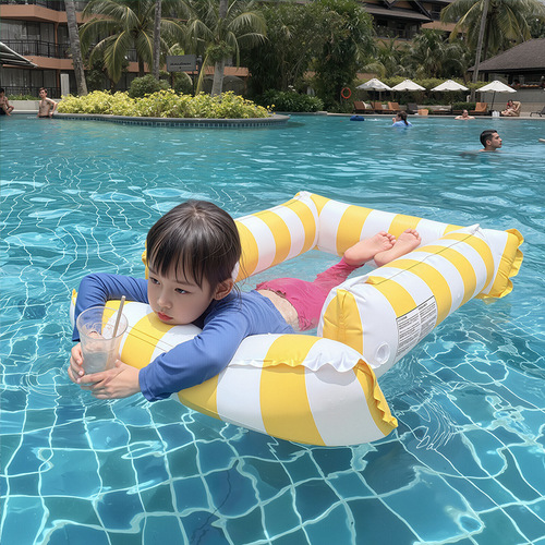 Inflatable floatation raft with air-filled floating net bed, floating rings, floating lounge chairs, thick and foldable inflatable raft float bed