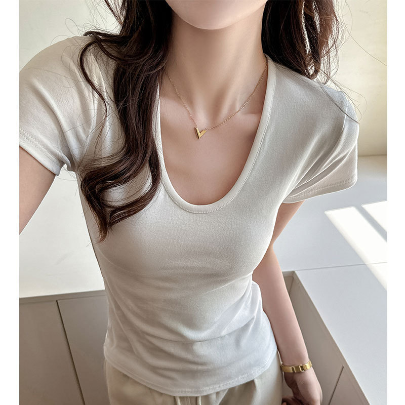 Carefully Selected Right Shoulder U-Neck Short-Sleeved T-Shirt for Women, Summer Fashion, Versatile Basic Hot Girl Bottoming Shirt, High-End Inner Top