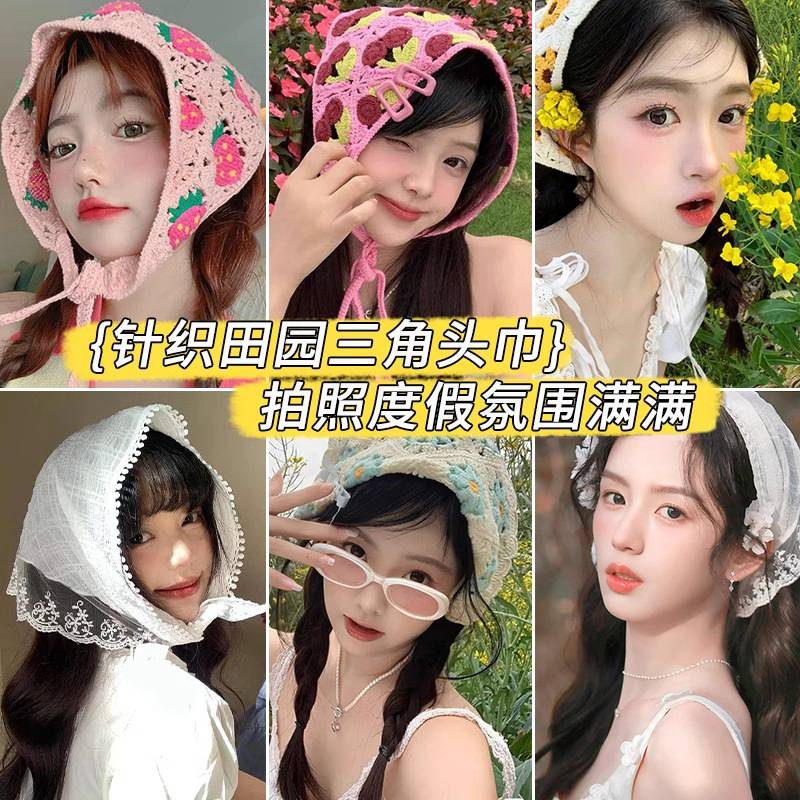 Francés estilo pastoral toallas triangulares de estilo de verano bufandas de seda de moda delgadas tempestad retro bufandas de encaje correa de pelo