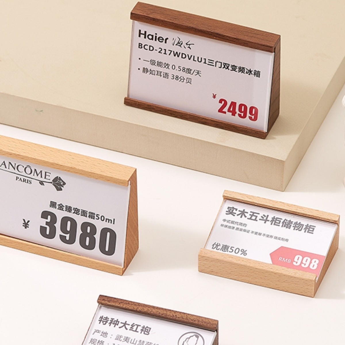 Soporte de Exhibición Inclinado de Madera y Acrílico para Precios y Etiquetas