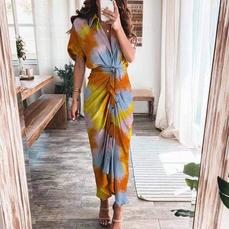 Women's Irregular Skirt Elegant V Neck Printing Pleated Short Sleeve Flower Maxi Long Dress Holiday Street display picture 2