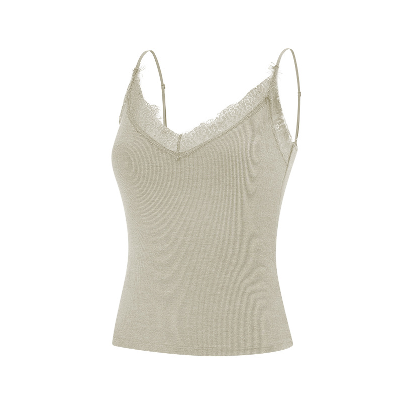Trägertop mit V-Ausschnitt und Spitzenbesatz, integriertem Cup – weiches, bequemes und figurformendes Tanktop für Damen, unverzichtbares Basic für jede Jahreszeit_voghion.com