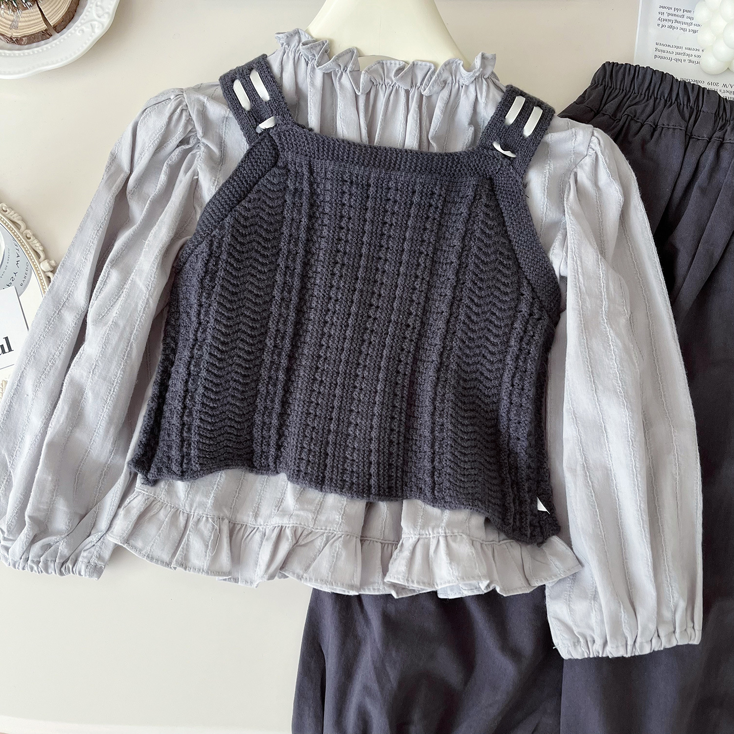 Mädchen Strickweste Mit Puppenkragenhemd Und Hose Set_voghion.com