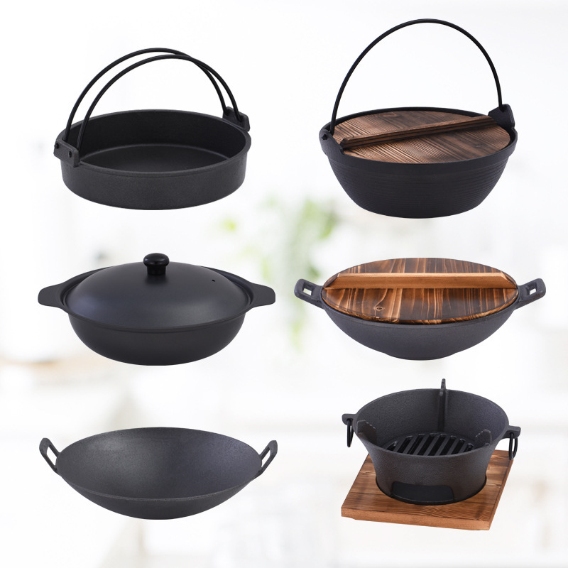 Thickened Cast Iron Binaural Dry Pot Camping Picnic Shouxi Pot Japanese Style Hot Pot Past Iron Carbon Stove Barbecue Oven