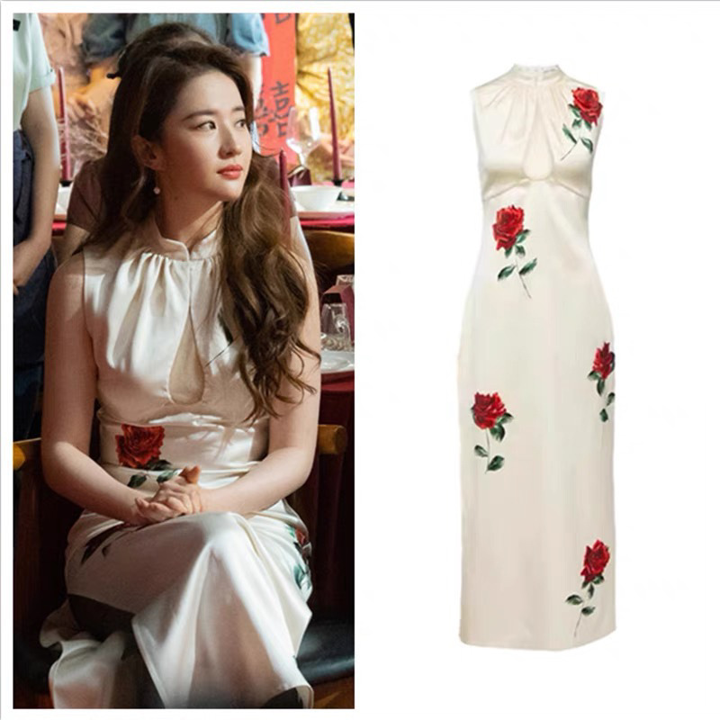 Liu Yifei Huang Yimei Stars Same Style Clothes 2024 Xia Xin Sleeveless Rose Chinese Cheongsam dress Skirt