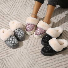 亮片装饰秋冬雪地靴女士厚底增高保暖防滑半托圆头一脚蹬毛毛拖