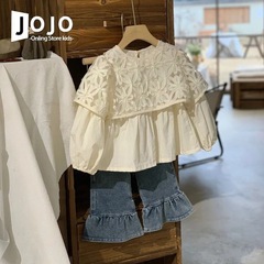 子供秋服女の子長袖シャツ2025春新作スタイルフェイクツーピース中空シャツ春秋甘いトップス