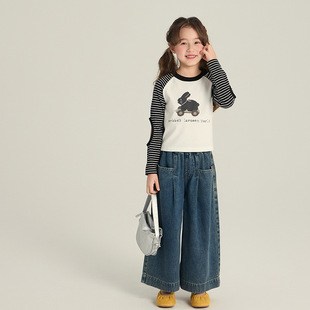 Aimo Beibei 2025 Spring Girls Korean Cartoon Long-Sleeved T-Shirt Kidsren's Versatile Top Stripesd Bottoming Shirt Trbottomy