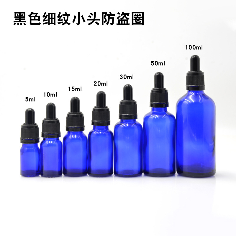 Botella vidrio azul 5 a 100ml con cuentagotas para aceites