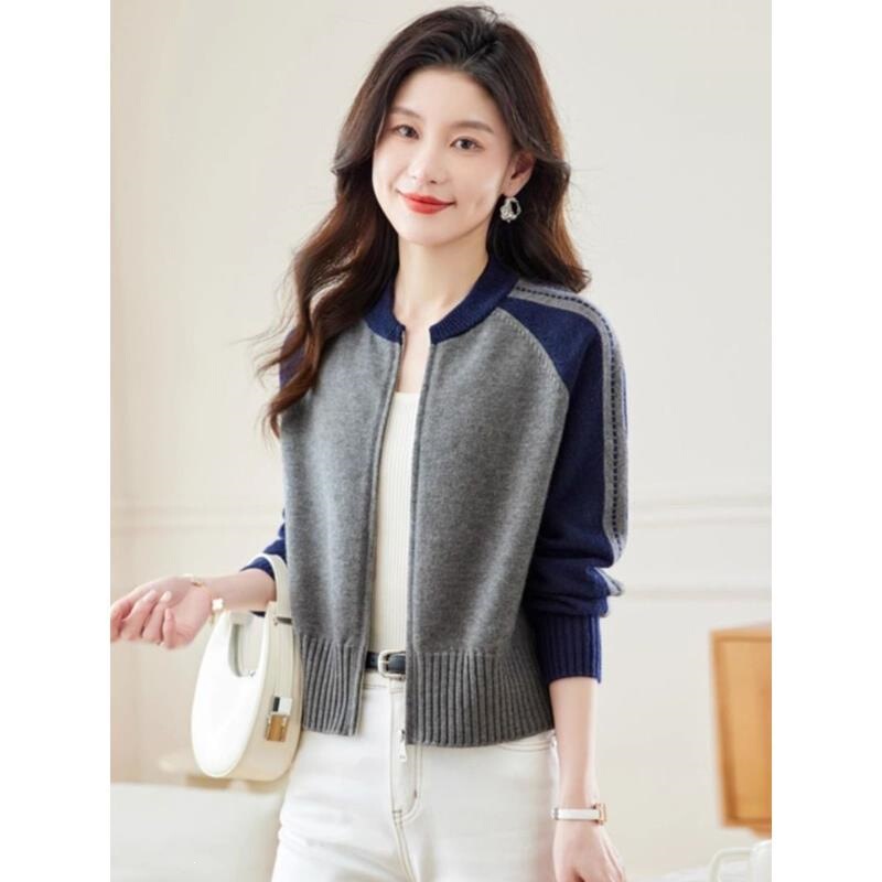 Women's sweater, new autumn and winter jacket, women's coat, color-blocked short slim-fit Korean-style knitwear, zip-up baseball jacket top Women's sweater, new autumn and winter jacket, women's coat, color-blocked short slim-fit Korean-style knitwear, zip-up baseball jacket top