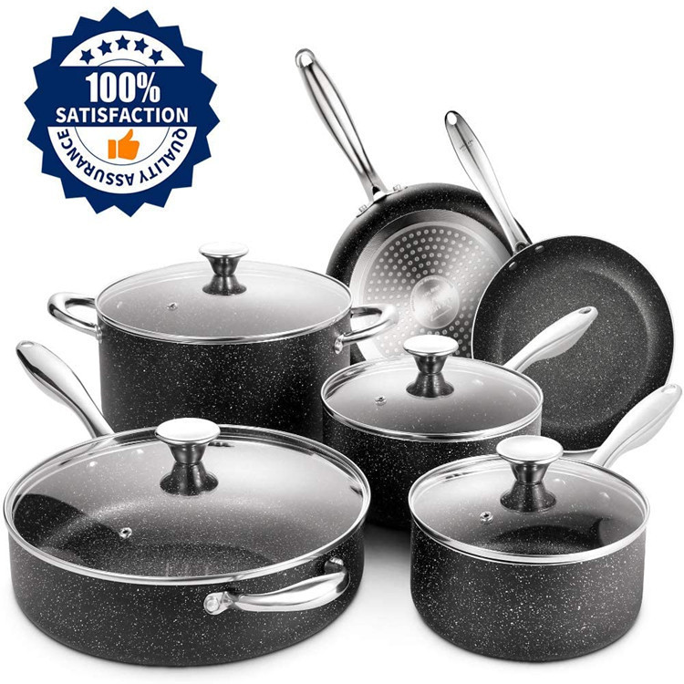 Amazon proceso de disparo de aluminio recubrimiento de mármol antiadherente conjunto de utensilios de cocina de cobre de fondo doble para el hogar