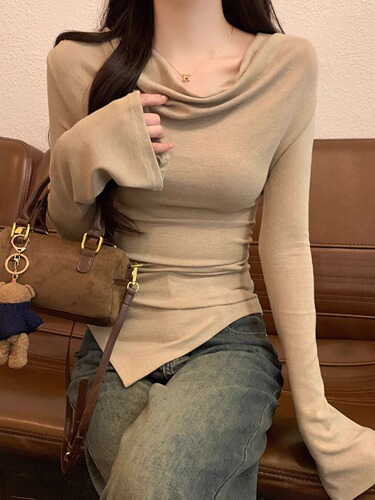 长袖T恤女荡领秋季内搭打底衫热辣美式春秋修身性感不规则上衣服