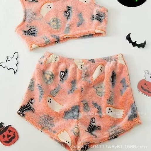 外国貿易ハロウィーン夜光フランネルパジャマ女性秋冬ベルベット保温レジャー家庭セット落書き発光ズボン|undefined