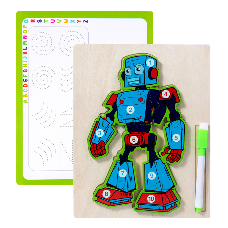 Juguetes de educación temprana de madera, rompecabezas de robots, tablero de dibujo, juguetes para niños, juguetes de rompecabezas de robots tridimensionales dos en uno