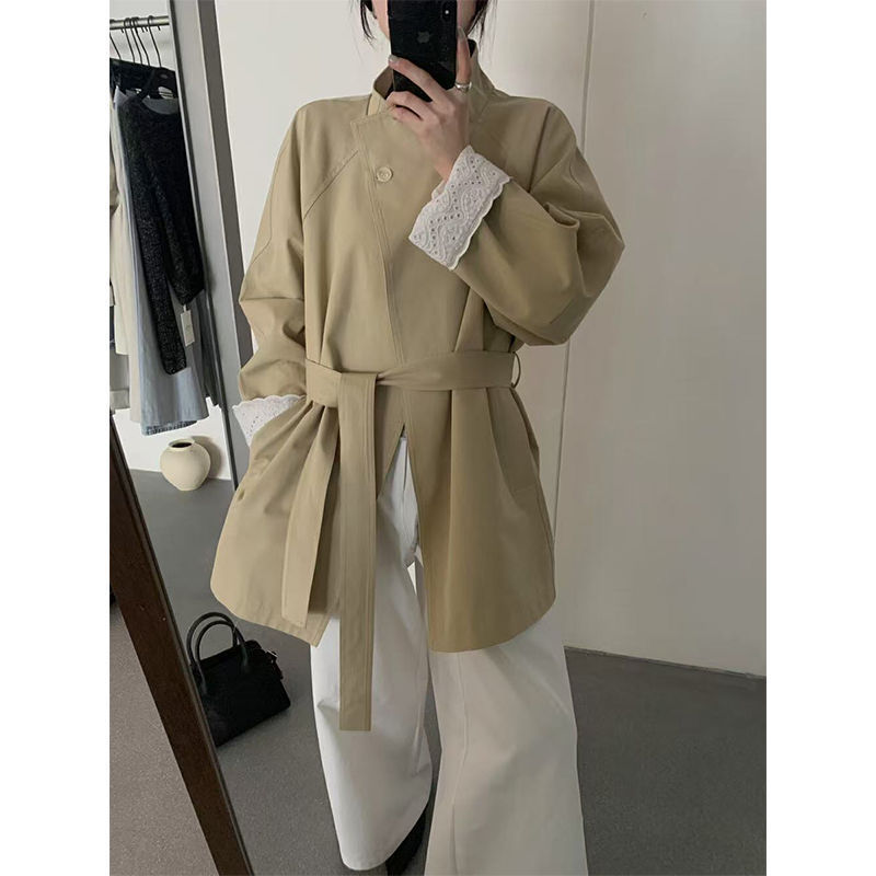 时尚蕾丝边上衣女中长款一粒扣风衣春秋款新款洋气百搭英伦风大衣|undefined