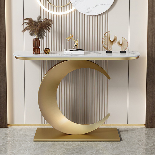 Light Luxury Rock Slab Entryway Table, New Chinese-Style Wall-Mounted Display Stand for Entrance Hallways, Modern Minimalist Design, Semi-Circular Entryway Cabinet