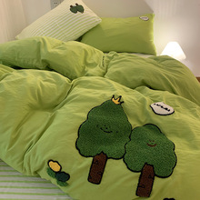 绿色发财树毛巾绣床上四件套水洗棉床单床笠款宿舍床上用品三件套