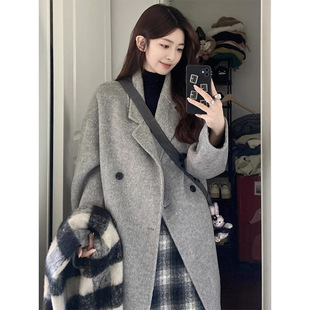 毛呢外套女欧美新款气质文艺范秋冬装韩系小个子感中长款呢子大衣-阿里巴巴